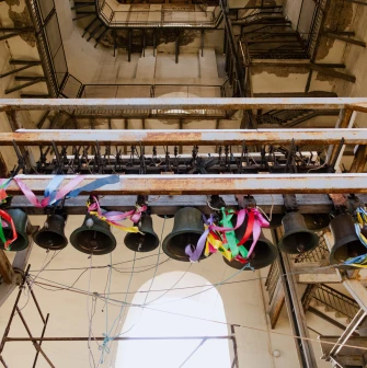 Saint Sophia Cathedral in Kyiv - bell tower interior with historic bells and metal structures