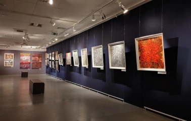 Muzei Istorii Mista Kyieva in Kyiv - art gallery hall with dark blue walls displaying framed paintings