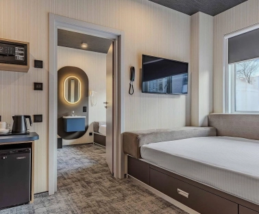 Modern room at the IQ Hotel