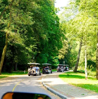 Golf carts with tourists driving along a shaded alley in the park of the Mezhyhirya Residence