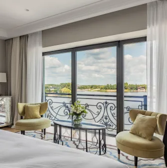 Panoramic river view from a room window at the premium Edem hotel in Kyiv