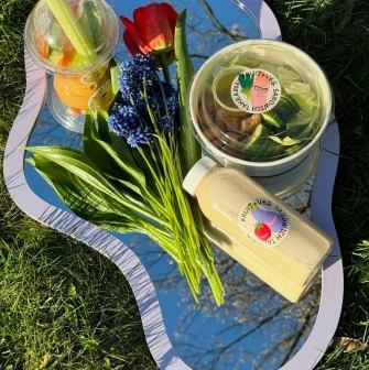 Fruit+Veg Sandwich - picnic-style healthy lunch with salad juice and flowers
