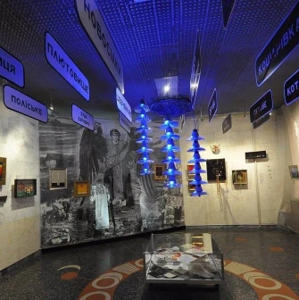 Installation with the names of the affected settlements in the Chornobyl Museum in Kyiv