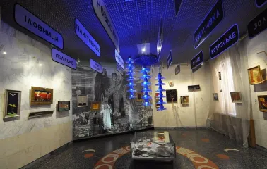 Installation with the names of the affected settlements in the Chornobyl Museum in Kyiv