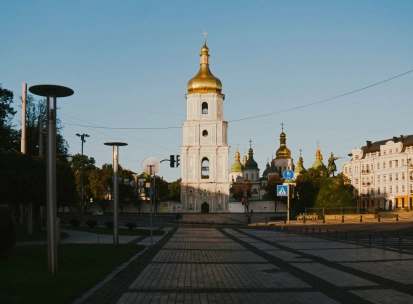 Sofiiska Square in Kyiv - bell Tower and covered monument