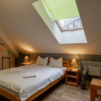 Room on the attic floor with a double bed at Dream Hostel in Kyiv
