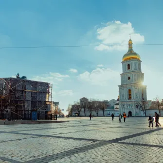Sofiiska Square in Kyiv - bell Tower and covered monument