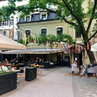 Street terrace of the Dream Hostel in Kyiv