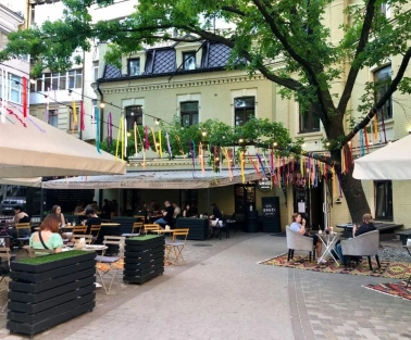 Street terrace of the Dream Hostel in Kyiv