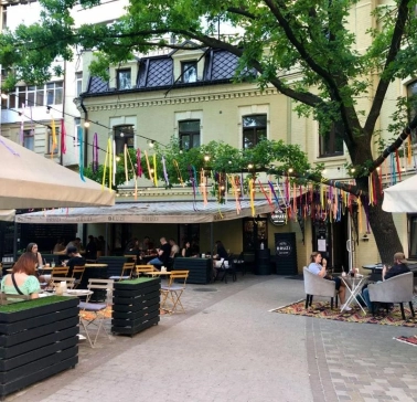 Street terrace of the Dream Hostel in Kyiv
