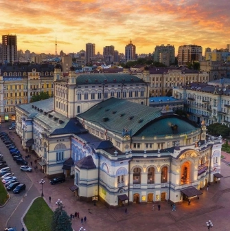 Volodymyrska Street in Kyiv - aerial view of the grand Opera House architecture
