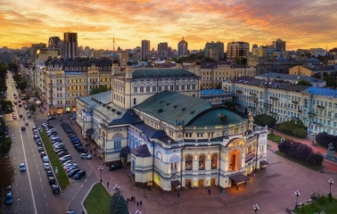 Volodymyrska Street in Kyiv - aerial view of the grand Opera House architecture