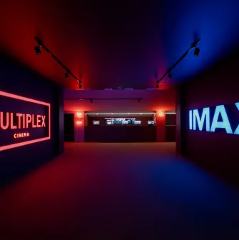 Multiplex cinema corridor with lighting and Multiplex and IMAX signs