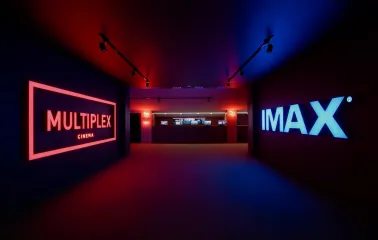 Multiplex cinema corridor with lighting and Multiplex and IMAX signs