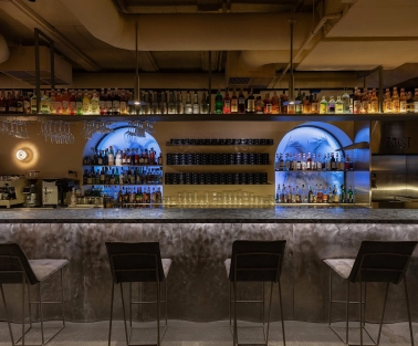 Bar area at Zmist in Kyiv with designer lighting and stylish furniture