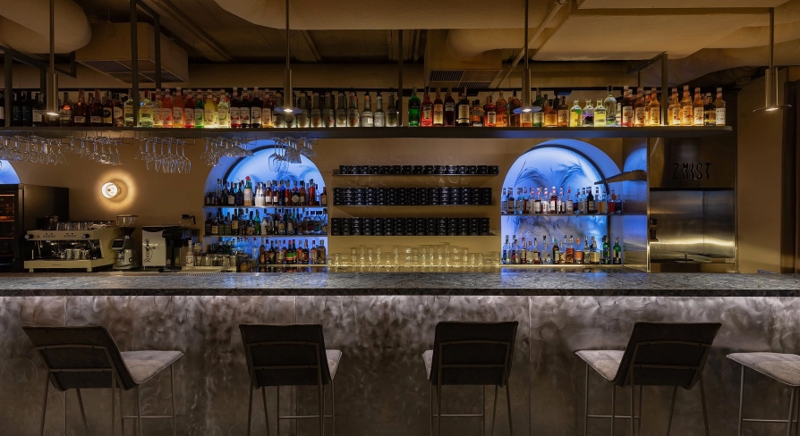 Bar area at Zmist in Kyiv with designer lighting and stylish furniture
