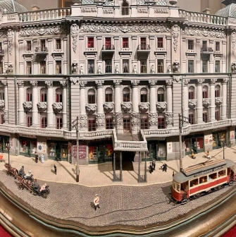 Muzei Istorii Mista Kyieva in Kyiv - detailed miniature architectural model of a grand historical building with a vintage tram in front
