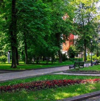 Khreshchatyi Park in Kyiv - landscaped paths with red flower beds