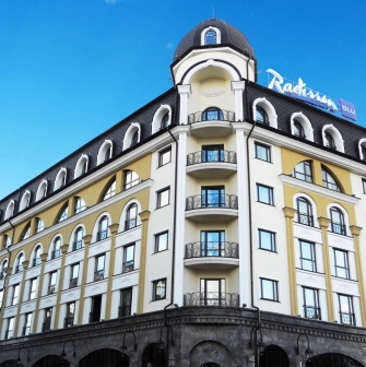 Facade of the Radisson Blu hotel in the center of Kyiv