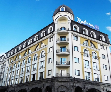 Facade of the Radisson Blu hotel in the center of Kyiv