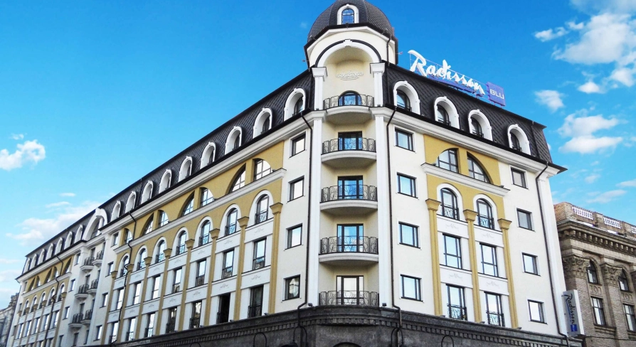 Facade of the Radisson Blu hotel in the center of Kyiv