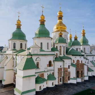 Saint Sophia Cathedral in Kyiv - exterior view with green roofs and golden domes