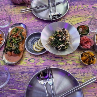 Street Kim - overhead view of authentic Korean dishes including kimchi and spicy rice