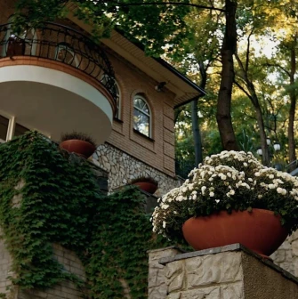 Vozdvyzhenskyi in Kyiv - exterior view of stone stairs with a large flower pot and building balcony