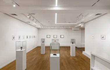 Showcases with miniature sculptures at Voloshyn Gallery in Kyiv