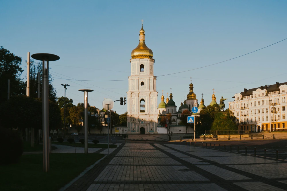 Sofiiska Square in Kyiv - bell Tower and covered monument