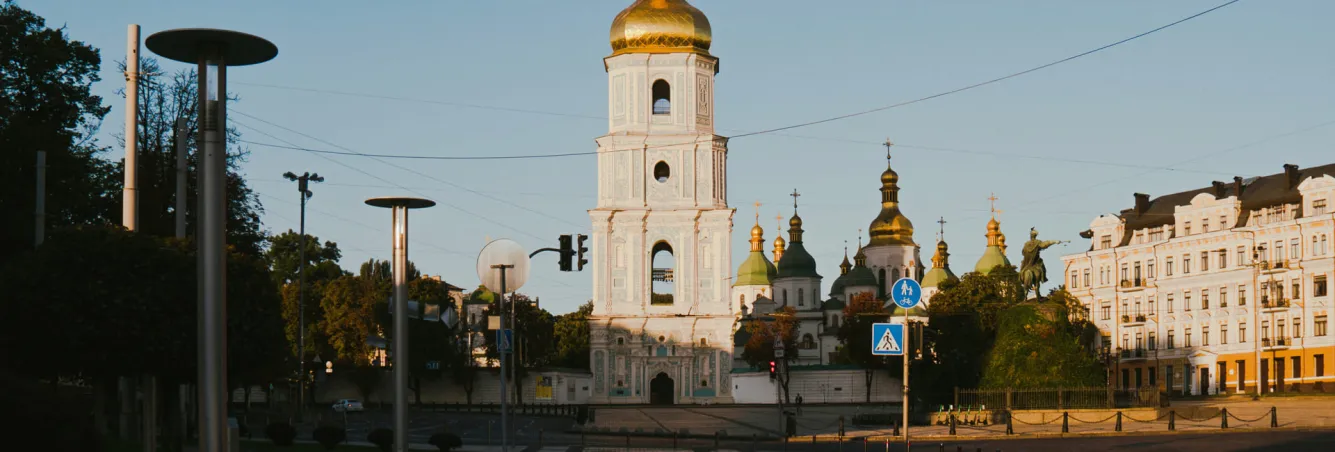 Sofiiska Square in Kyiv - bell Tower and covered monument
