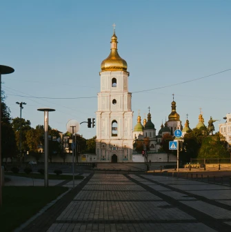 Sofiiska Square in Kyiv - bell Tower and covered monument