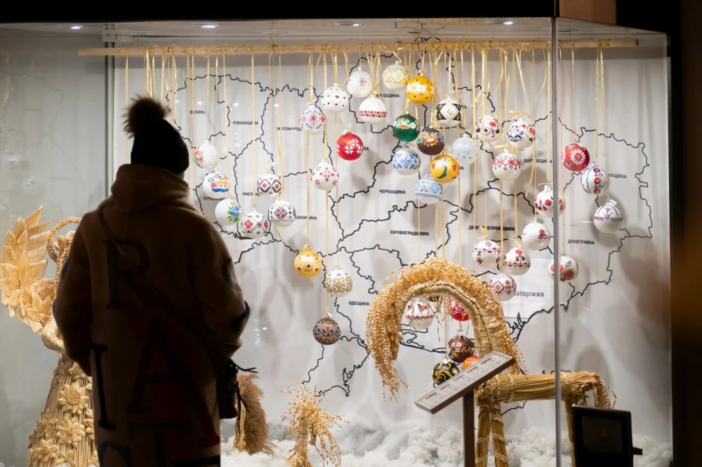 Kyiv History Museum in Kyiv – display of Ukrainian Christmas ornaments on a winter exhibition map