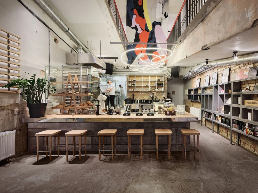 Interior of Octo Tower cafe with a bar in Kyiv
