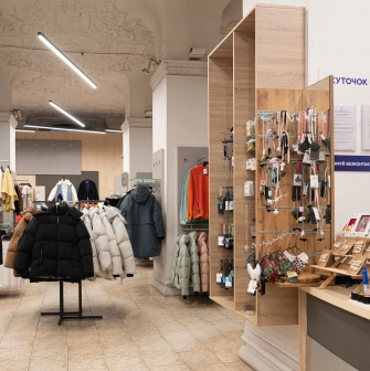 Vsi Svoi store in Kyiv - clothing section with Ukrainian brands, winter jackets and accessories