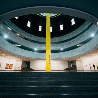 Ukrainskyi Dim in Kyiv - view of the circular atrium floors rising upwards and the exhibition