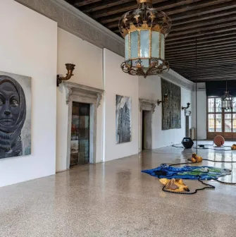 Contemporary installation with paintings and art objects in the hall of the PinchukArtCentre in Kyiv