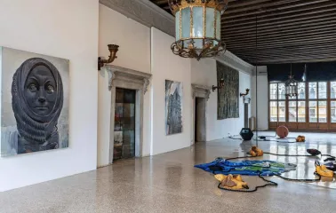 Contemporary installation with paintings and art objects in the hall of the PinchukArtCentre in Kyiv