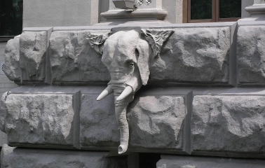 Budynok Horodetskoho in Kyiv - realistic elephant head sculpture protruding from the wall