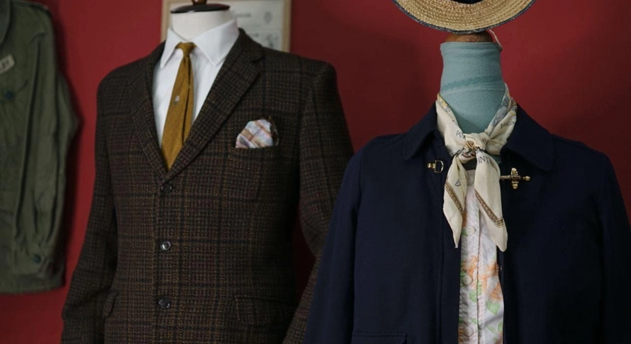 Mannequins in classic men's and women's clothing at the Levkovsky Vintage store in Kyiv