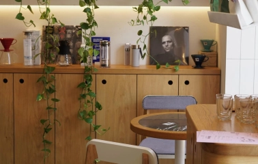 Takava in Kyiv - coffee shelf display with hanging plants and brewing equipment