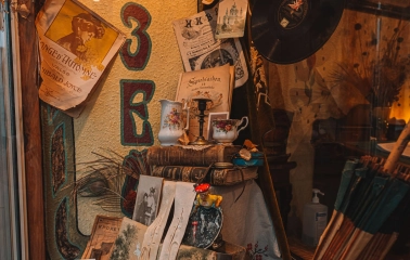 One Street Museum in Kyiv - detail of vintage books and porcelain display