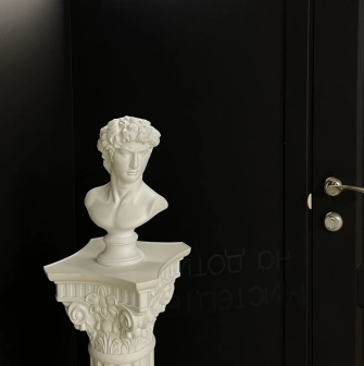 Muzei u Temriavi in Kyiv - classical white plaster bust standing on a column against a black background highlighting the concept of art in the dark