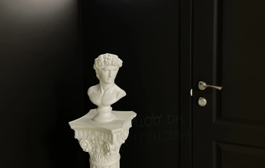 Muzei u Temriavi in Kyiv - classical white plaster bust standing on a column against a black background highlighting the concept of art in the dark