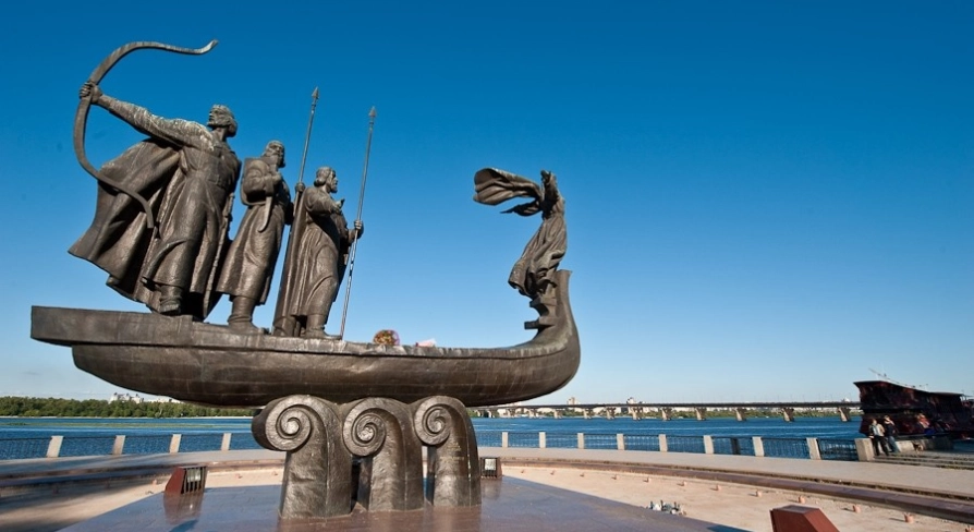 Panoramic view from the Monument to the Founders of Kyiv observation deck - scenic Dnipro River and Kyiv’s left bank