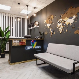 Reception with the Kyiv Hostel logo in Kyiv