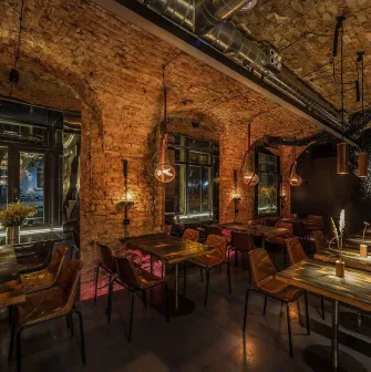Winbar - view of the bar counter area with shelves filled with bottles and wine glasses