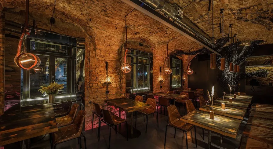 Winbar - view of the bar counter area with shelves filled with bottles and wine glasses
