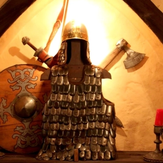 Viking-style decor at Yaroslava restaurant in Kyiv