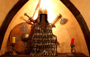 Viking-style decor at Yaroslava restaurant in Kyiv
